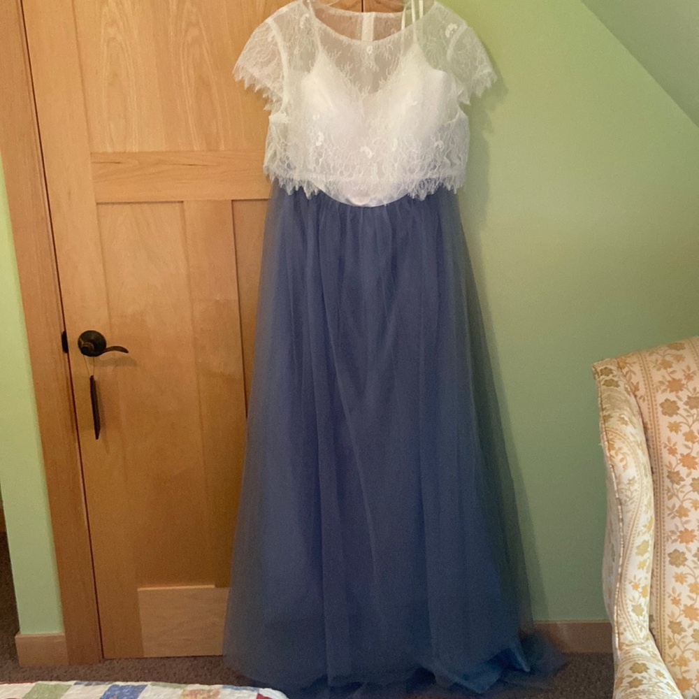 A Line Tulle White With Blue Capped Sleeves Lace Wedding Dress US22W
